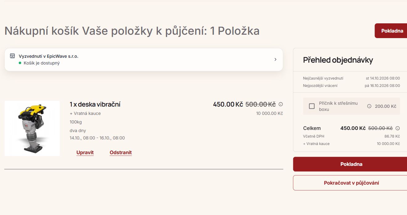 Aktuální košík EpicWave: rezervace vibrační desky, termín, cena, vratná kauce a doplněk